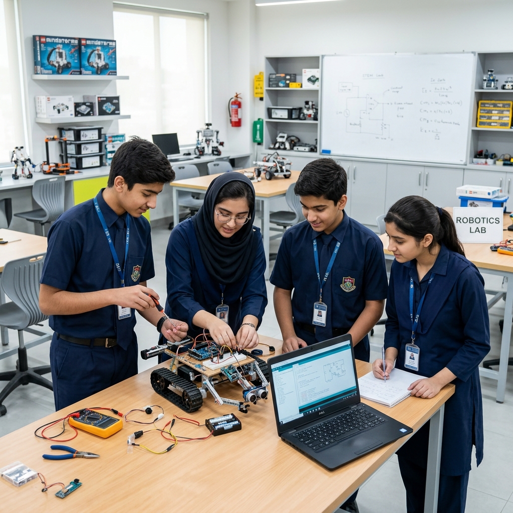 Pakistani Students Assembling Robotics Kit in STEM Lab